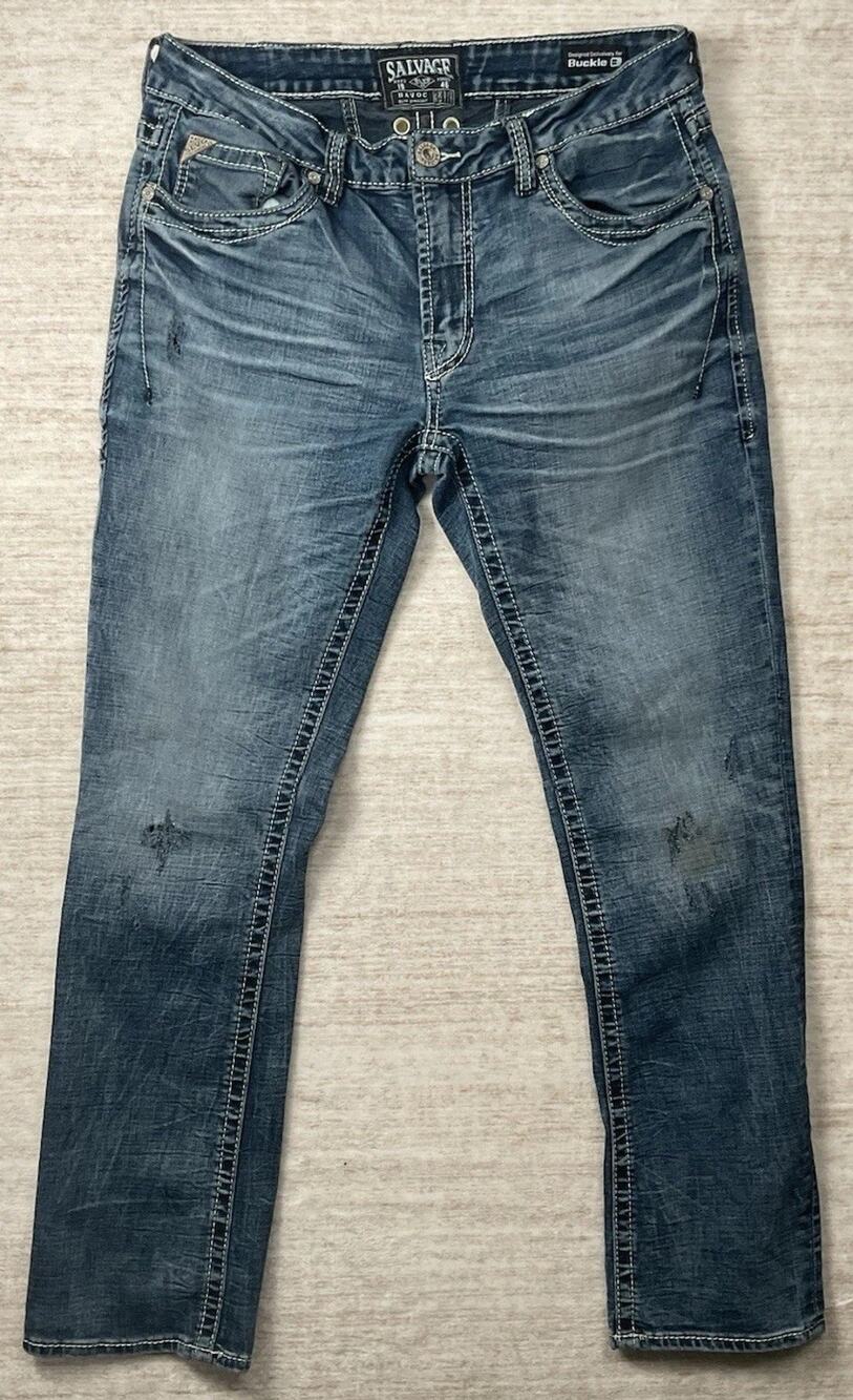 Salvage Havoc Slim Straight Jeans 34R Buckle Slv 23-460 Denim
